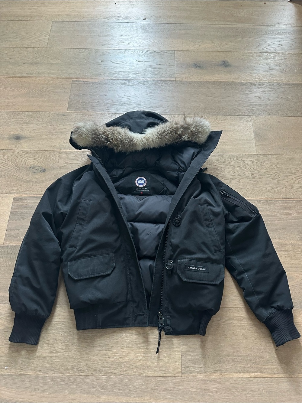 Canada Goose Black Hooded Fur-Trim Bomber Puffer Jacket